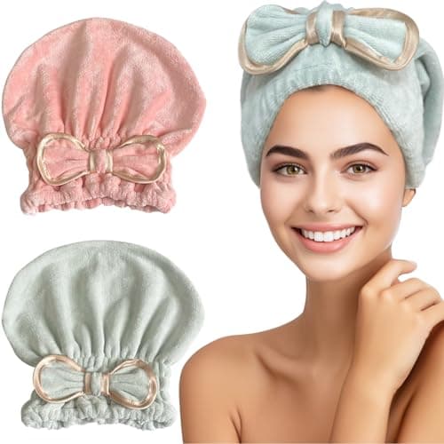 Jseng Microfiber Hair Towel Caps for Women with Cute Bowtie, 2Packs Fast Drying Hair Towel Caps for Curly Long Wet Hair Anti Frizz - Image 1