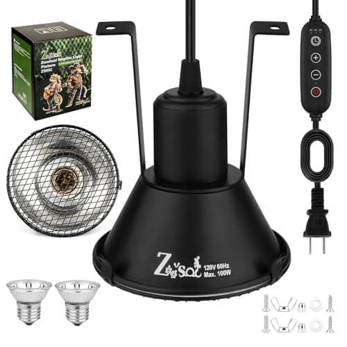 Zooiisol 5-in-1 Reptile Heat Lamp Fixture Anti-Scald Guard 4.7 Inch Hanging Dome Light Fixture with Timer & 2 Pack 50W Halogen Basking Bulb for Bearded Dragon, Gecko, Turtle, Chameleon - Image 1