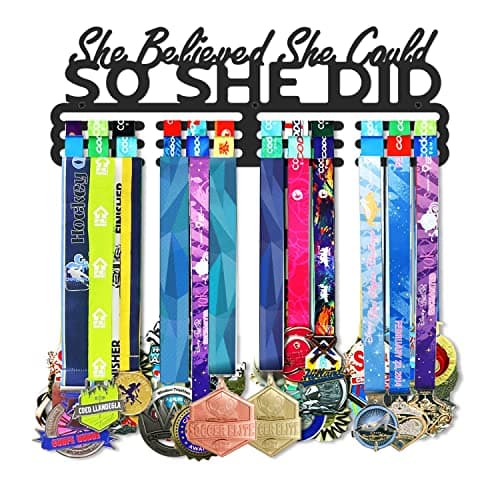 Medal Holder Display Hanger Rack Storage Steel Wall Mounted Fame Black Metal Sports Marathon Running Soccer Gymnastics Large-Capacity Over 60 Medals Sturdy Wall Decor Motivational Slogan Race Medals - Image 1