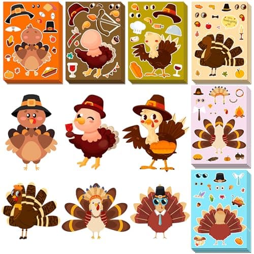 Thanksgiving Stickers for Kids, DIY Crafts Stickers for Kids, Make a Turkey Face Sticker, Thanksgiving Games Activities Decorations Party Supplies(24 Sheets) - Image 1