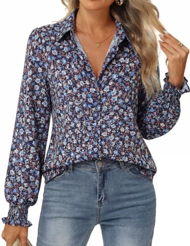 GRACE KARIN Women's Boho Floral Long Sleeve Blouses, Dressy Casual Button Down Shirts, 2026 Fall Work Vacation Tops Navy Blue Floral M - Image 1
