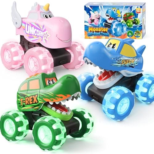 Cozycharm 3 Pack Monster Truck Toys for Toddlers, Light Up Animal Monster Trucks with Big Wheels, Friction Powered Toy Cars, Shark Dinosaur Unicorn Trucks for Boys and Girls Ages 18 Months and Up - Image 1