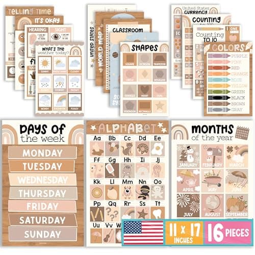 Hadley Designs 16 Educational Posters for Classroom Decor - Boho Educational Posters for Toddlers 1-3, Toddler Learning Posters for Kids Ages 3-5, Kindergarten & Preschool Classroom Must Haves