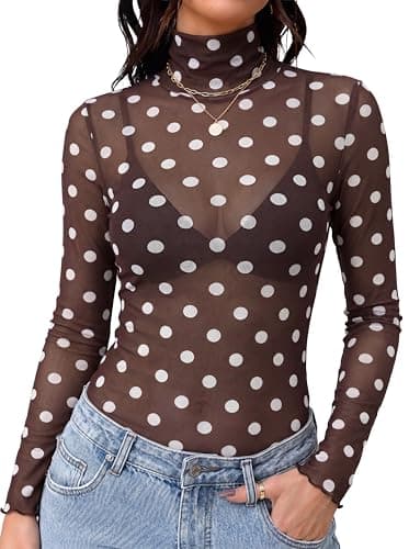 OFEEFAN Plus Size Tops for Women Mesh Long Sleeve Tops for Women Sheer Undershirt Slim Fitted Lace Shirts Trendy 2026 Turtleneck Vacation Elegant Blouses Outfits Brown Polka Dots 2XL - Image 1