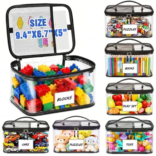6 Packs Large Toy Storage Bags, Reusable Clear PVC with Labels Waterproof Zipper Organizer for Board Games, Building Blocks,Puzzles,Kids Books,Travel (Black-6Pack) - Image 1