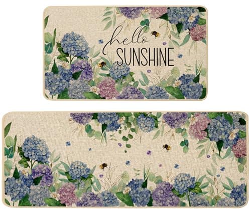 Baccessor Spring Summer Kitchen Mats Set of 2, Hydrangea Floral Bee Kitchen Rugs for Floor Non Slip Absorbent Low-Profile Seasonal Farmhouse Home Decor 17x29 and 17x47 Inch - Image 1