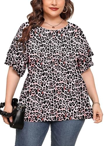 AusLook Plus Size Casual Tops For Women Fancy Peachy Leopard 1X Tunic Double Ruffle Short Sleeve Blouses Crewneck Clothing Tee Ladies Clothes Flowy Dressy Casual Loose Fit Outfits Maternity Summer - Image 1