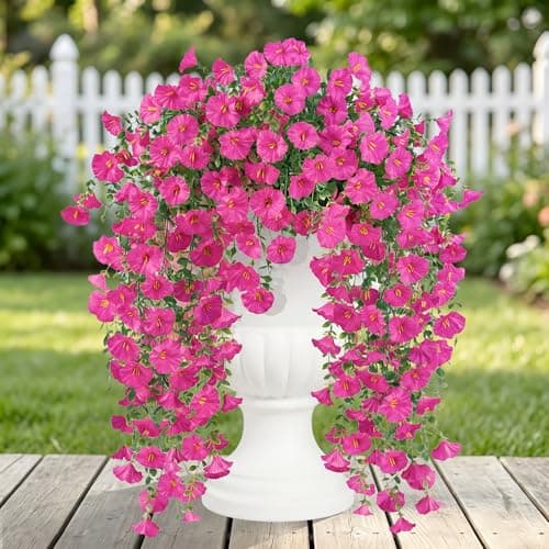 6 Pcs Artificial Hanging Morning Glory Flowers for Outdoors,Realistic Silk Faux Flowers with Eucalyptus Leaves,UV Resistant Fake Plants,Spring Decor for Garden Patio Balcony Yard Porch Home(Fuchsia) - Image 1