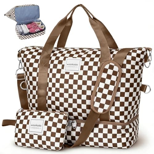 WOOMADA Weekender Bag for Women, Travel Duffel Bags with Toiletry Bag & Shoe Compartment(brown checkerboard) - Image 1