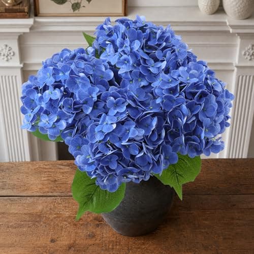 NINTYNINE Hydrangea Artificial Flowers, 4Pcs Real Touch Faux Hydrangea with Long Stem and Leaves, Lifelike Fake Flowers for Outdoor Planters Garden Porch Yard Home Decor, Wedding Bouquets, Dark Blue - Image 1