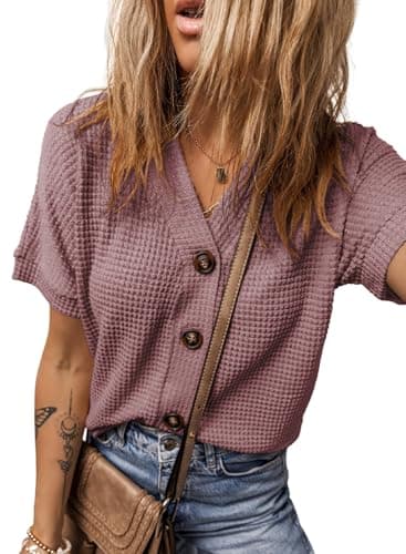 Dokotoo Women's Cardigan Short Sleeve Waffle Knit Shacket Solid Color Going Out Outfits Boyfriend Loose Fit Button Down Shirts V Neck Rose Cropped Summer Tops X-Large - Image 1