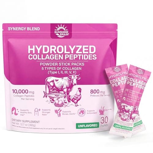 Multi Collagen Peptides Powder - 10g Hydrolyzed Collagen Peptides Type I, II, III, V & X with Biotin, Hyaluronic Acid & Prebiotics, Support Hair, Skin, Nail, Bone & Digestive Health, Non-GMO丨30 Sticks - Image 1