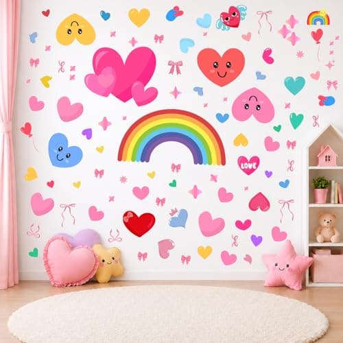 Heart Stickers Wall Decals, Rainbow/Pink Bow/Star Wall Stickers for Girls Kids Toddler, 159 Piece UV PVC DIY Removable Reusable Stickers for Bedroom Nursery Classroom - Image 1