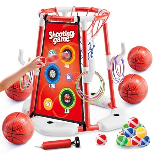 Pool Basketball Hoop for Kids Ages 4-8 & 8-12 - Floating Game Set with Water-Fillable Base, Pump, Toss Targets & Sticky Balls, Pool Games Backyard Swimming Pool Toys for Outdoor Summer Family Fun