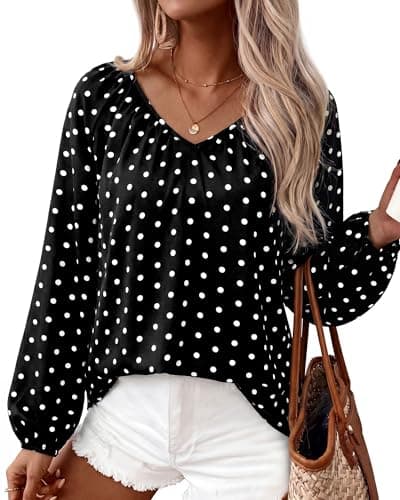 Zenlonr Women's Summer Tops Dressy Casual 2026 V Neck Satin Silk Printed Shirts Boho Long Sleeve Work Blouses(Black White Dot,Small) - Image 1
