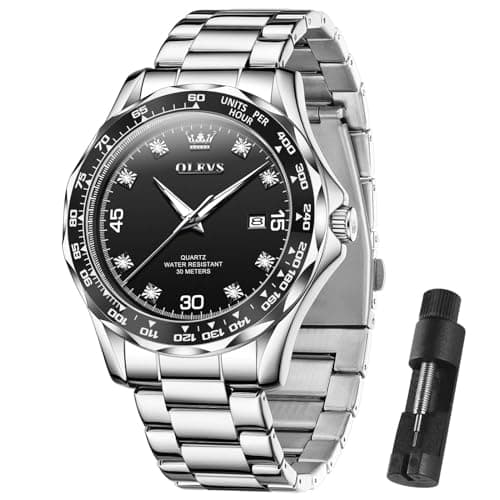 Watches for Men OLVES Mens Silver Watch Stainless Steel Luxury Diamond Arabic Numberals Dial Classic Black Face Business Waterproof Dress Relojes para Hombres - Image 1