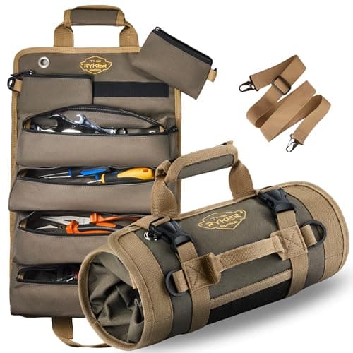 The Ryker Roll Up Tool Bag Organizer Gifts for Dad. Heavy Duty Motorcycle Tool Roll Bag Organizer. Portable Rollup Toolbag w/Detachable Pouches - Tools Bags Mens gifts for him - Mechanic & Electrician - Image 1