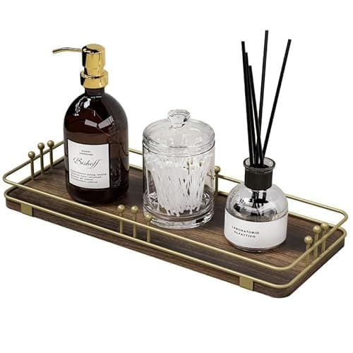 Pursura Bathroom Vanity Tray for Countertop Toiletries Perfume Makeup Soap Dispenser Toilet Tank, Kitchen Tray for Salt Spice, Decor Tray for Candle Nightstand Coffee 11.3”x 4.4” Brown-Gold - Image 1