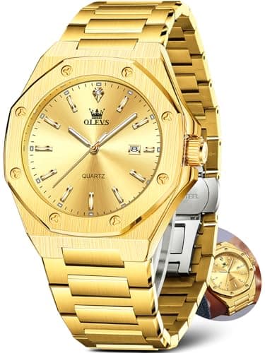OLEVS Mens Watch Gold Watches for Men Stainless Steel Octagon Waterproof - Image 1