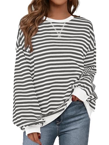 PRETTYGARDEN Women Striped Oversized Sweatshirt Color Block Crew Neck Long Sleeve Casual Pullover Top Spring Y2K Clothes (White Grey, Small) - Image 1
