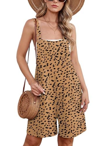 Moodclo Womens Romper Almond Leopard Medium Casual Loose Sleeveless 2026 Summer One Piece Outfit Short Jumpsuit Overall Outfits & Pockets - Image 1