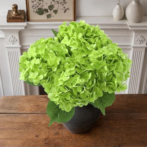 NINTYNINE Hydrangea Artificial Flowers, 4Pcs Real Touch Faux Hydrangea with Long Stem and Leaves, Lifelike Fake Flowers for Outdoor Planters Garden Porch Yard Home Decor, Wedding Bouquets, Dark Green - Image 1