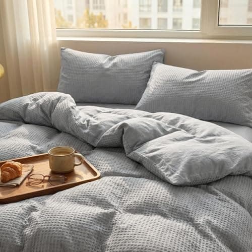 DCSKY 100% Cotton Duvet Cover Full, Waffle Weave Duvet Covers Full Size,Luxury Textured & Breathable 3pcs with 2 Pillow Shams for All Season, No Comforter (80x90) Grey
