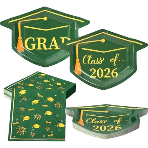 Cheery Land Green Graduation Plates and Napkins 2026, 50 9.3" Mortarboard Shaped Class of 2026 Plates & 50 Grad Napkins - Green and Gold Graduation Decorations 2026 - Image 1