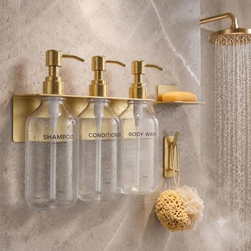 KLL Shampoo and Conditioner Dispenser - 3 Soap Dispenser Bathroom Wall Mount No Drill, Soap Holder, Hook - Refillable Shower Dispenser Pump Bottle for Bathroom Shower Accessories (Transparent) - Image 1