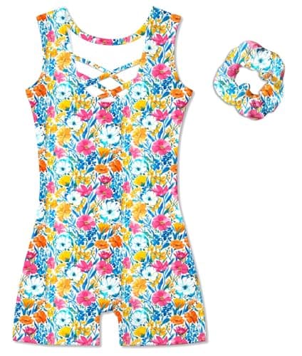 uideazone Toddler Leotards for Gymnastic Girls 3T 4T Fashion Multicolored Flowers Sleeveless Dance Tumbling Outfit with Shorts - Image 1