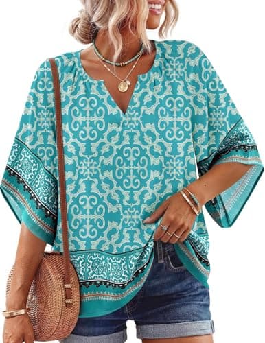 NILOINE Boho Summer Shirts Tops for Women 3/4 Sleeve Dressy V Neck Beach Tunic Tops Short Sleeve Fashion Business Blouses Plus Size Holiday(1-Multi Green,Large) - Image 1
