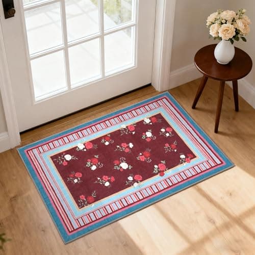GarveeHome Pink Purple 2x3 Area Rug, Vintage Floral Machine Washable Small Rug, Non Slip TPR Backing, Soft Entryway Mat for Kitchen Bathroom Bedroom Nursery - Image 1