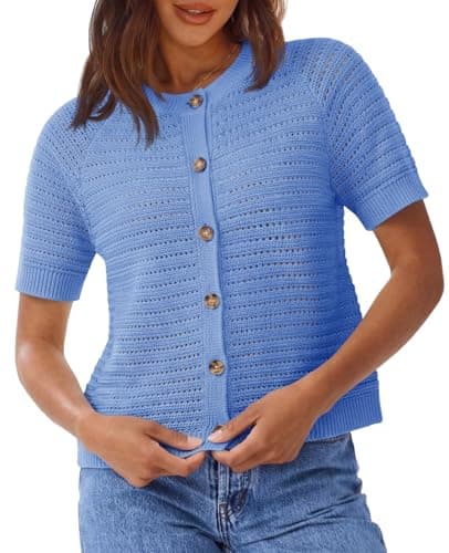 Saodimallsu Womens Crochet Cardigans Short Sleeve Button Down Knit 2026 Summer Casual Crew Neck Sweater Tops Blue - Image 1