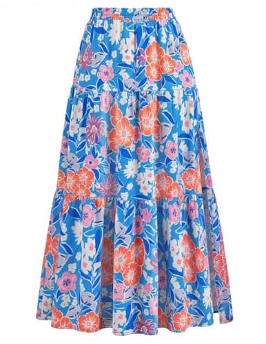 Kate Kasin Women's Boho Maxi Skirt, Floral Printed Flowy Long Skirts, Summer Beach Vacation Outfits with Pockets(Light Blue Flower) - Image 1
