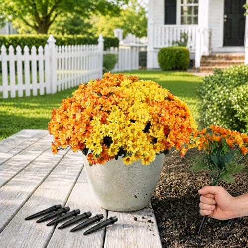 Artificial Flowers for Outdoors with Ground Spikes, 14 Stems Large Daisy Fake Flowers, Silk Faux Flowers for Outdoor Planters, Garden, Porch, Window Box & Cemetery Decor, 6 Bundles(2-Color Mix)