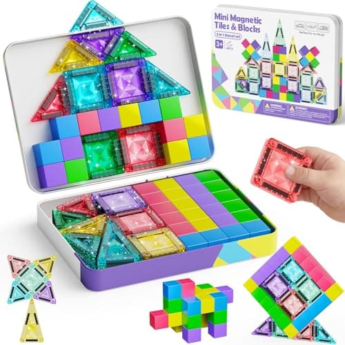 burgkidz Mini Magnetic Tiles Travel Set - 48 PCS 3-in-1 Diamond Tin Box Magnetic Blocks for Kids Ages 3-8, 60-Min Quiet Focus with 45-Second Cleanup, Perfect for Air Travel & Car Trips Boys & Girls - Image 1