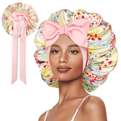 Vettres Hair Bonnet for Sleeping Satin Lined Sleep Cap Double Layer Silk Head Wrap for Curly Natural Hair Strawberry Patchwork - Image 1
