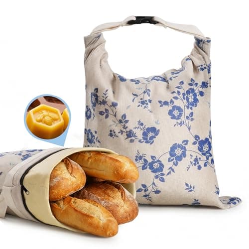 YARRAMATE Reusable Beeswax Bread Bags for Homemade Bread & Sourdough, 2 Pack XL 17x13in Linen Organic Bread Storage Bags with Zipper for Loaf, Baguette and Sandwich Bread, Freezer Safe, Blue Floral - Image 1