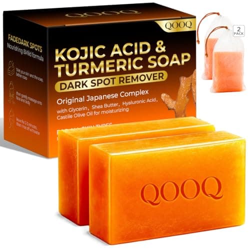 QOOQ Turmeric Kojic Acid Soap for Dark Spots Remover – Facial Cleansing Bar with Vitamin C, Retinol, Collagen, Vitamin E, Glycerin, Shea Butter & Castile Olive Oil – Soap for Women & Men (120g x 2) - Image 1