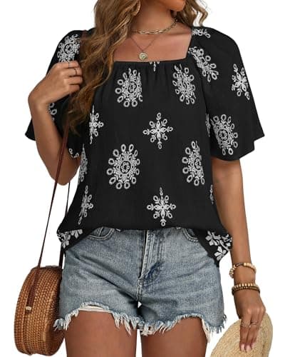 IEEILULU Boho Tops for Womens Summer Square Neck Floral Print Loose Fit Blouses Tunic Casual Beach Vacation Shirts Black White M - Image 1