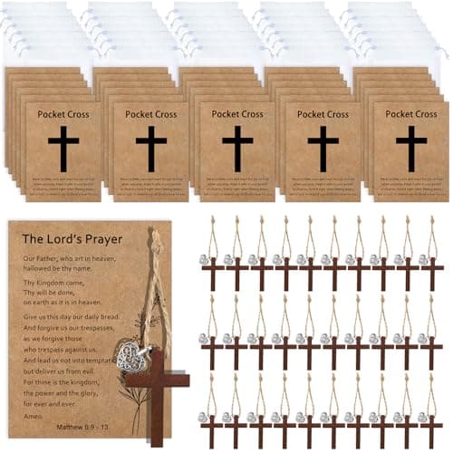 Qpige Bulk 30 Pocket Cross Cards Christian Gifts, Wooden Pocket Cross Charm Christian Religious Gifts Small Faith Based Comfort Baptism Gift Inspirational Gifts for Women Men(Hollow Out Heart) - Image 1
