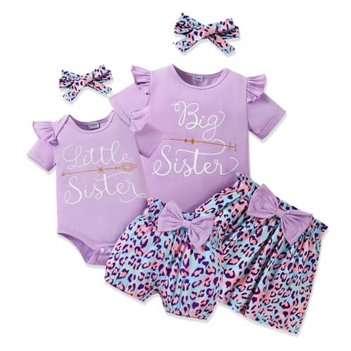 FAMIHAO Big Sister Little Sister Matching Outfits Toddler Girl Clothes Newborn Baby Ruffle Romper Floral Skirts Headband 3Pcs,4-5Y Purple - Image 1
