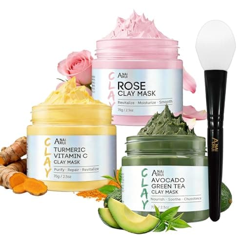 ANAI RUI 3 Pack Clay Mask Set Turmeric Vitamin C Clay Mask -Rose Facial Mask -Avocado Green Tea Mud Mask Smoothing, Hydration & Glow,Spa Gift Set, Self Care for Women Teens 2.5 oz Each - Image 1