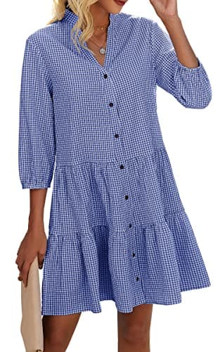 CCTOO Women's Summer Dresses Casual V Neck Button Down 3/4 Sleeve Floral Print Loose Flowy Shirt Dress Color Blue XX-Large - Image 1