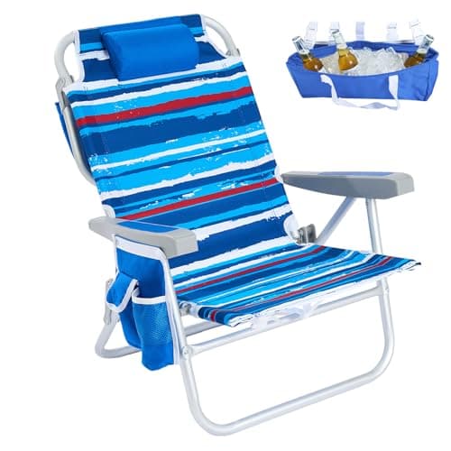 SUNNYFEEL Low Beach Chair 5 Position Lay Flat, Portable Folding Backpack Beach Chairs Heavy Duty with Cooler Bag, Cup Holder for Outdoor/Lawn/Picnic/Fishing, Foldable Camping Chair (New BlueStripe) - Image 1
