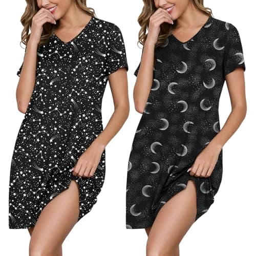 Marvmys Women Short Sleeve Nightgowns Soft Comfy Sleep Shirts V Neck Lounge Dress 2 Pack Nightshirts Black Starry Sky&Moon Print S - Image 1