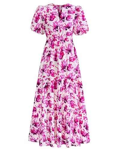 dowerme Womens Summer Dresses 2026 Casual Puff Short Sleeve V Neck Floral Boho Tiered Ruffle Maxi Dress with Pockets(White Purple Pink,XX-Large) - Image 1
