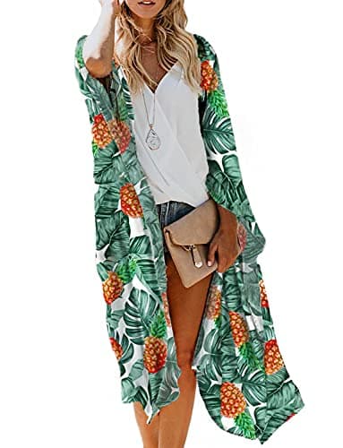 Women's Tropical Leaf Print Boho Beach Long Swimsuit Kimono Cover Ups Summer Chiffon Cardigans Dusters Hawaiian Pineapple Maternity Tops Sheer White Green Medium - Image 1