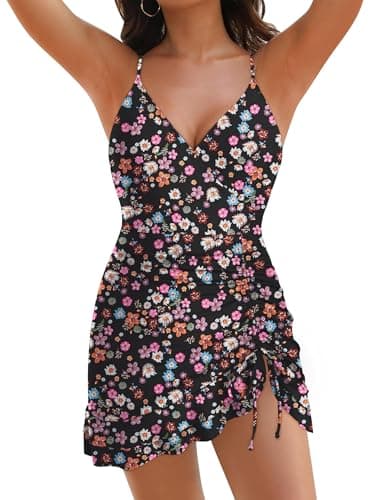ZAFUL Womens Tummy Control Bathing Suit One Piece Swimsuit Over 50 Ruffle Swim Dress Long Torso Drawstring Swimwear Flower S - Image 1