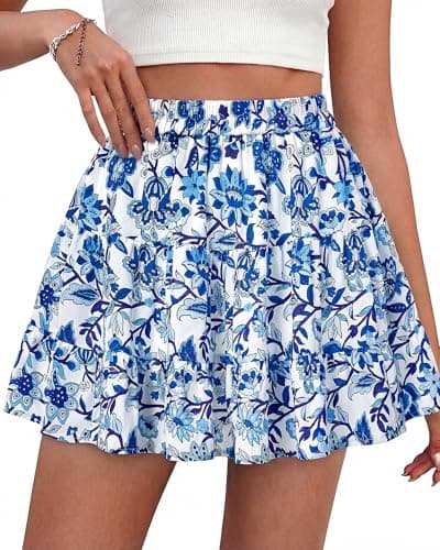 BTFBM Summer Skirts for Women 2026 Floral High Waist Shorts Underneath Boho Tiered Flowy Tennis Skorts Casual Mini Skirt(Floral White Blue, Large) - Image 1